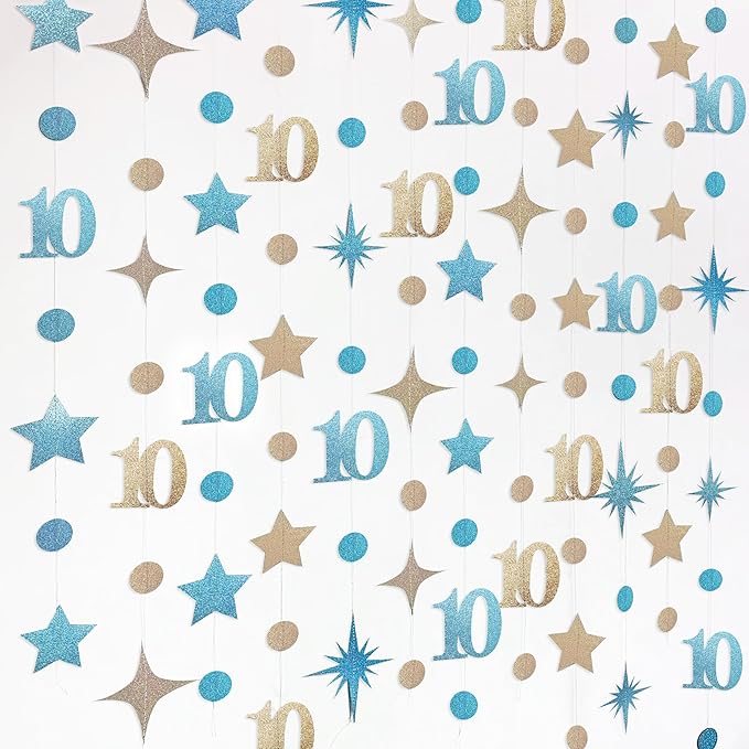 Champagne Gold Blue 10th Birthday Decorations Number 10 Circle Dot Star Garland Streamer Banner Backdrop for Girls Boys Double Digits Cheers to 10 Years Old Birthday 10th Anniversary Party Supplies