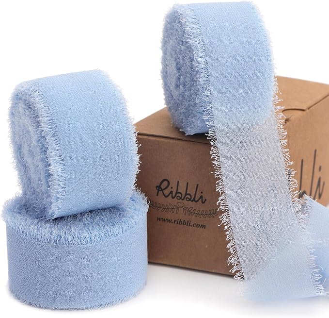Ribbli Light Dusty Blue Ribbon 1 Inch x 3 Rolls Total 24 Yards Light Blue Handmade Fringe Chiffon Silk Ribbon for Wrapping Wedding Invitations Bridal Bouquets DIY Crafts Home Decor