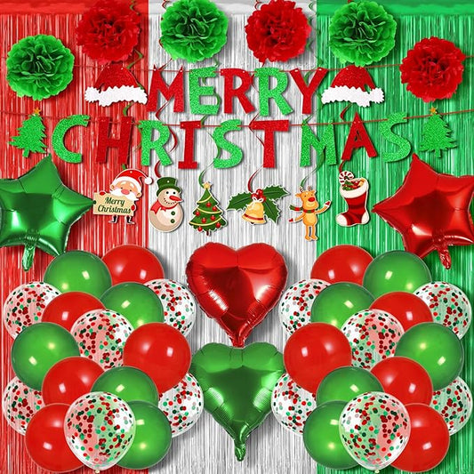 Merry Christmas Party Decorations Set Balloon Garland Arch Kit Balloons Merry Xmas Banner Red Green Foil Fringe Curtain Xmas Birthday Baby Shower Party Balloons Party Props for Photo Supplies