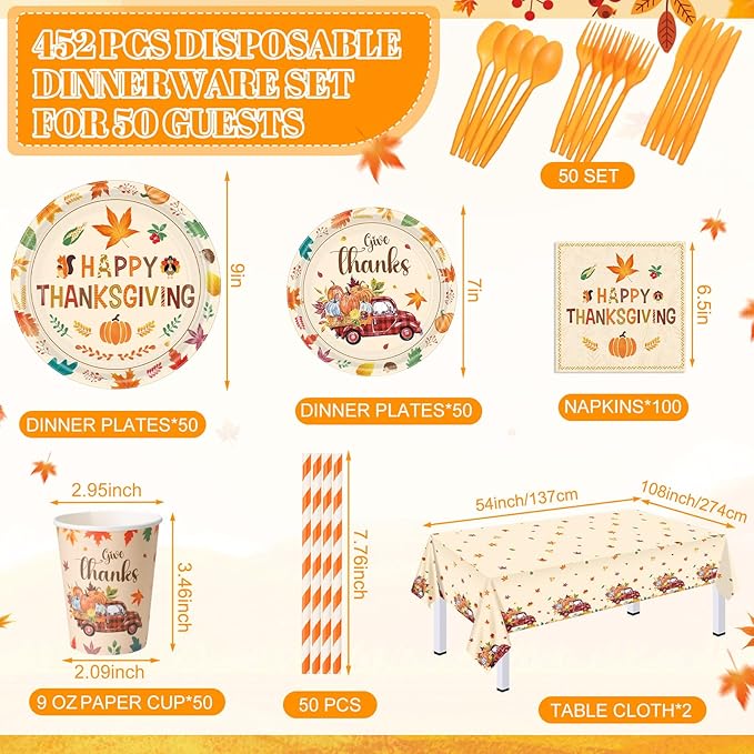 Potchen 452 Pcs Party Supplies Serve 50 Guests, Paper Plates Napkins Cups Cutlery Plastic Tablecloth Dinnerware for Birthday Wedding Party Decoration (Harvest Color, Happy Thanksgiving)