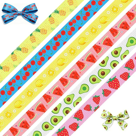 6 Rolls 30 Yards Fruit Themed Ribbon 2/5inch Strawberry Pineapple Watermelon Grosgrain Ribbon for Spring Summer Wreaths, Trims, Gift Wrapping (Fruit)