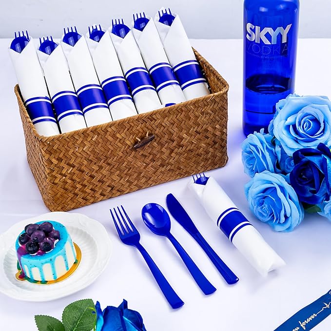 400PCS Pre Rolled Blue Plastic Silverware Sets - Heavy Duty Blue Cutlery - Include 100 Pack Wrapped Disposable Utensils with Napkins for Parties & Dinners & Weddings & Graduation