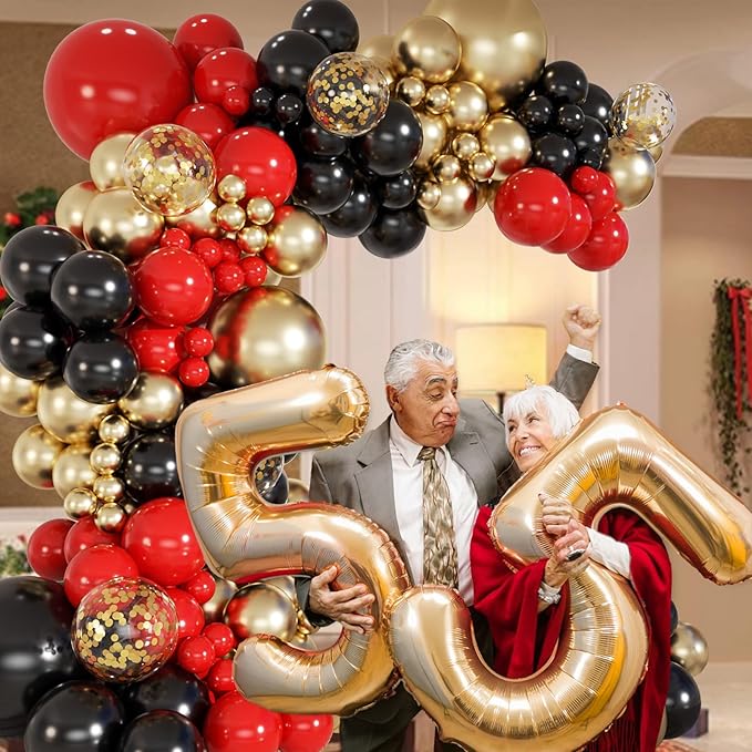 147pcs Red Black Gold Balloons Arch kit, 18 12 10 5 inch Red Black and Gold Balloons Garland for Anniversary Casino Night Hollywood New Years Movie Night Birthday Decorations