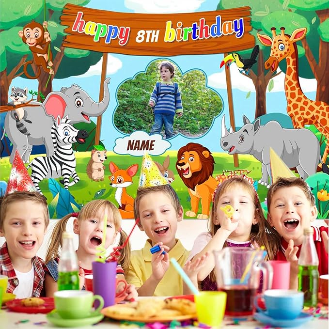 Custom Jungle Safari Happy Birthday Party Decorations Supplies Personalized Jungle Safari Animal Birthday Backdrop Banner(4x6ft)