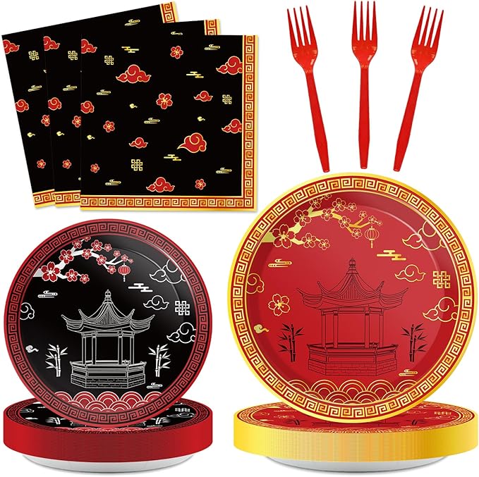 Qyeahkj 100 Pcs Hibachi Party Supplies Paper Plates and Napkins Set Disposable Japanese Tableware Decorations for Spring Festival Japanese Hibachi Theme Chinese Party Favor Baby Shower Serve 25 Guests