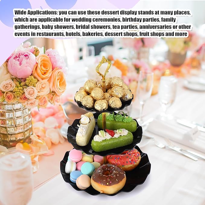 Patelai 8 Packs 3 Tier Cupcake Stand Holder Plastic Cake Serving Display Stand Tower Donuts Cookie Dessert Tray Holder Wave Shape with Gold Rod for Wedding Birthday Baby Shower Tea Party(Black)
