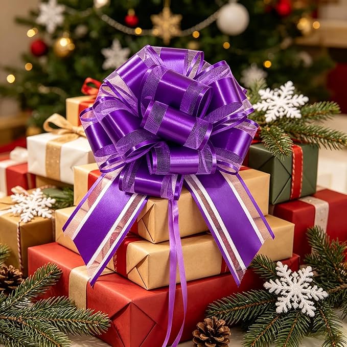 6 Pieces Large Pull Bows, Party Birthday Gift Wedding Ribbon Bows for Wrapping Boxes or Baskets Decorations Ribbon Bow, Valentine's Day Gift Decorations Bow (Royal Purple)