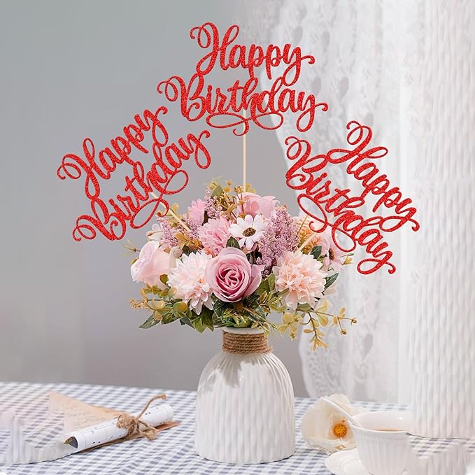 12 PCS Happy Birthday Centerpiece Sticks Double Sided Glitter Happy Birthday Table Flower Centerpieces Decorations for Celebrating Anniversary Theme Party Centerpieces Supplies Red
