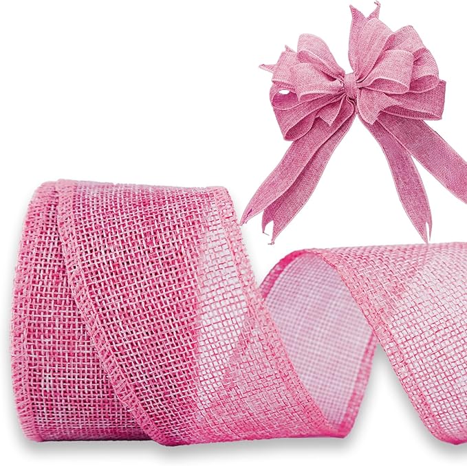 Pink Burlap Ribbon 2 inch X 10 Yard Natural Burlap Woven Wired Ribbons DIY Handmade Edging Production Wreath Holiday Decoration Gift Ribbon for Gift Wrapping Pink Ribbons