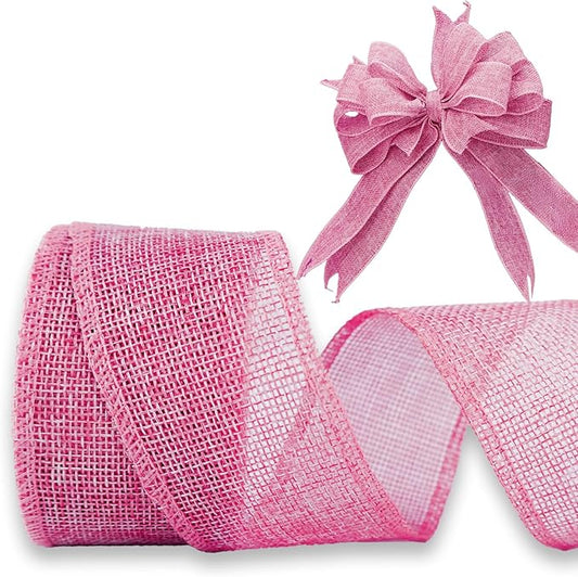 Pink Burlap Ribbon 2 inch X 10 Yard Natural Burlap Woven Wired Ribbons DIY Handmade Edging Production Wreath Holiday Decoration Gift Ribbon for Gift Wrapping Pink Ribbons