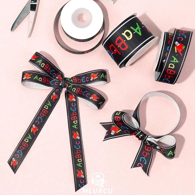 Back to School Themed Grosgrain Ribbon 3 Rolls Set 5/8" 7/8" 1.5", ABC Alphabet Apple Print Craft Fabric Ribbon for Teacher Appreciation Wreath Garland Bows Sewing Gift Wrapping Classroom Party Decor