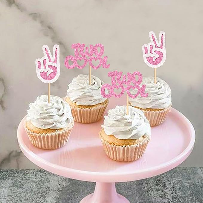 Ercadio 24 Pack Two Cool Cupcake Toppers Glitter Pink Two Cool Happy 2nd Birthday Cake Picks Baby Shower Kids Second Birthday Party Cake Decorations