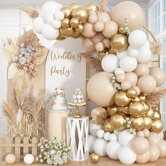 HILAVO White and Gold Balloon Arch Kit Nude White Beige Balloon Garland With Metallic Gold Party Helium Balloons Neutral Cream Balloon for Boho Wedding Baby Shower Bridal Engagement Birthday Decor