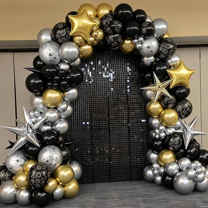Black and Gold Balloons, Black Silver Gold Balloons, Silver Star Fireworks Printed Balloon With Star Foil Balloon For New Year Retirement Graduation Birthday Baby Shower Party Wedding Celebration