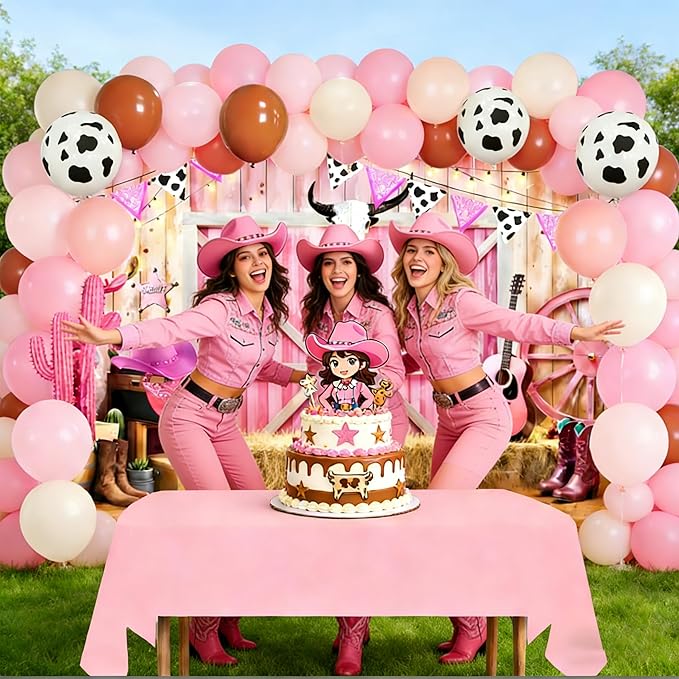74Pcs Cowgirl Party Pink Western Balloon Arch Kit 7x5Ft Cowgirl Backdrop with Tablecloth, 68 Balloons West Rodeo Photo Booth Prop for Girls Cowboy Birthday Party