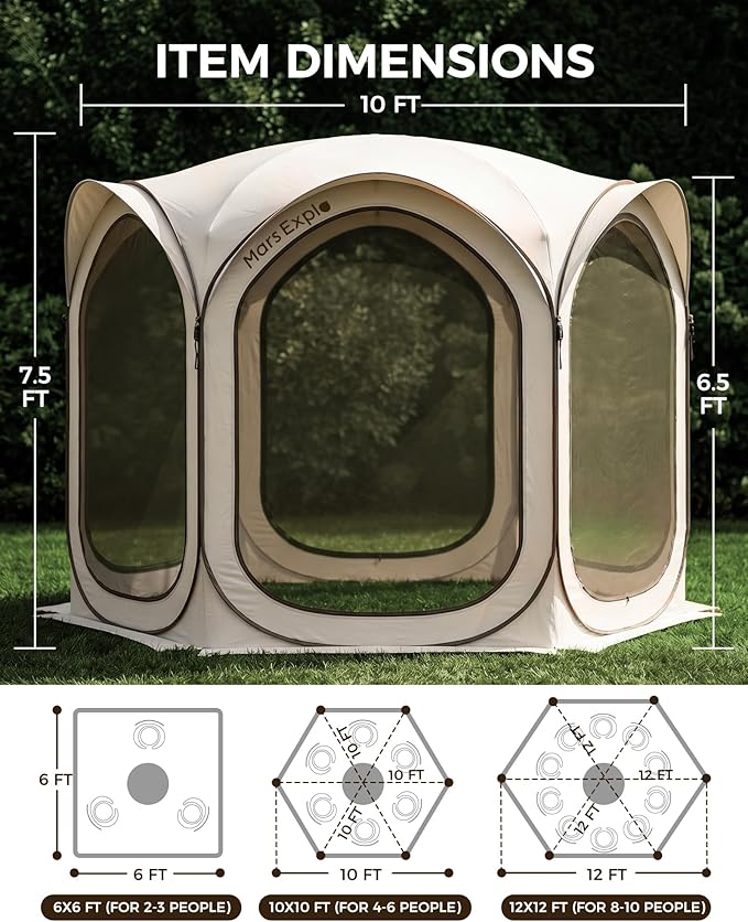 10X10FT Pop-Up Screen House Tent, Portable Instant Screen Room Canopy with Mesh Doors and Carry Bag for Patio Backyard Deck Camping Outdoor, Pop up Gazebo, Popup Canopy Tent, Beige