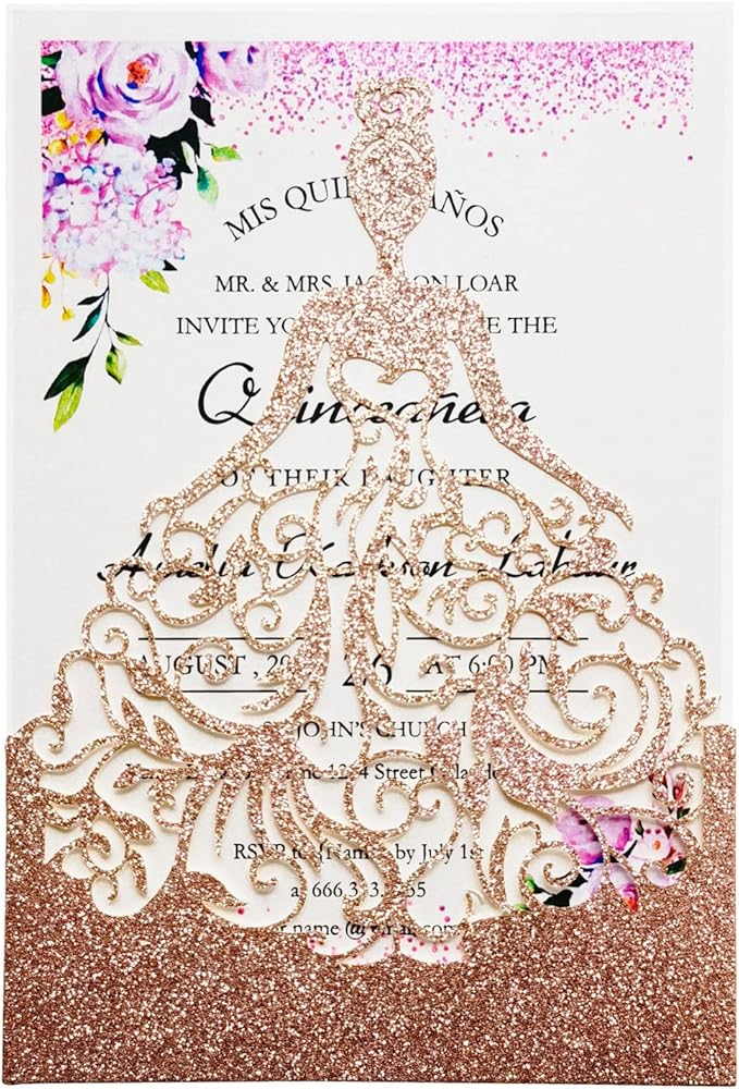5 x7.3 Inch 20PCS Blank Quinceanera Invitations Kit Laser Cut Hollow Girl Princess Pocket with Envelopes Crown Invitations Cards for Quinceañera Birthday Party Invite (Rose Gold Glitter)