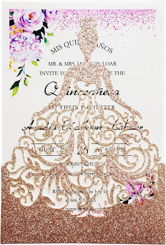 5 x7.3 Inch 20PCS Blank Quinceanera Invitations Kit Laser Cut Hollow Girl Princess Pocket with Envelopes Crown Invitations Cards for Quinceañera Birthday Party Invite (Rose Gold Glitter)