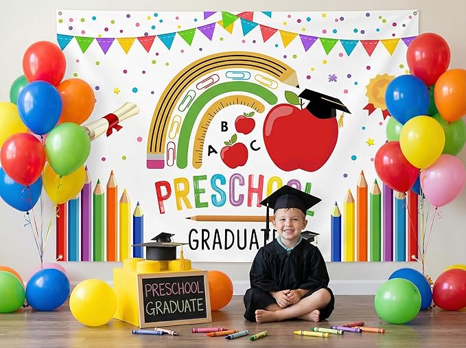 Mocsicka Preschool Graduation Backdrop Pre Kindergarten Congrats Grad Party Decoration Class of 2026 Graduation Ceremony Background Supplies Photo Booth Props (White, 7x5ft (82x60 inch))