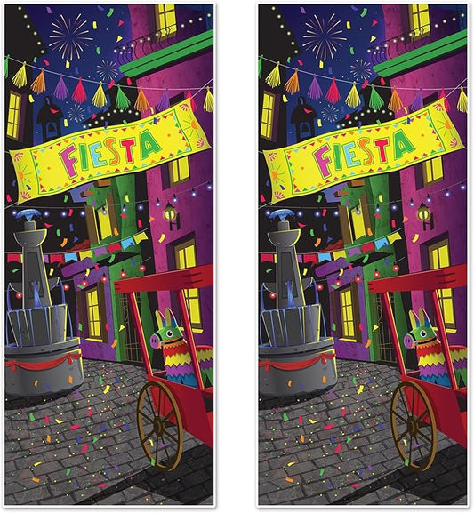 Beistle Fiesta Door Covers – 2-Count All-Weather Plastic Party Decorations for Entryways – Colorful Mexican Scene with Pinata & Banner for Cinco De Mayo Celebrations – 6' x 30"