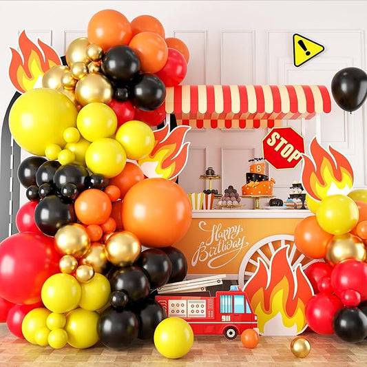 Red Yellow Black Balloon Arch, Fire Truck Balloon Garland for Firefighter Birthday Party Decorations, Fire Truck Theme Yellow and Orange Balloon Arch Kit for Fire Truck Birthday Decorations