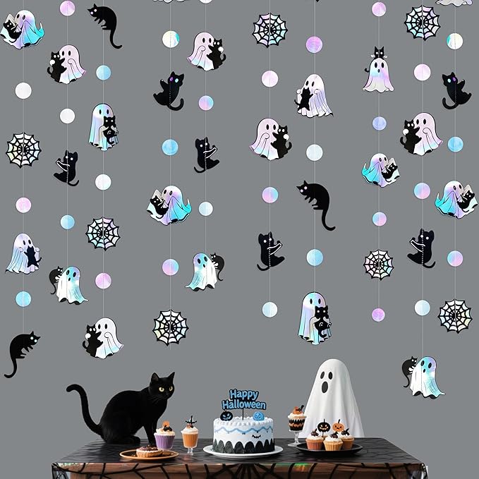 Iridescent Black Halloween Decorations Holographic Ghost Black Cat Spider Web Polka Dot Paper Hanging Garland Streamer Banner for Halloween Birthday Baby Shower Bachelorette Wedding Party Supplies