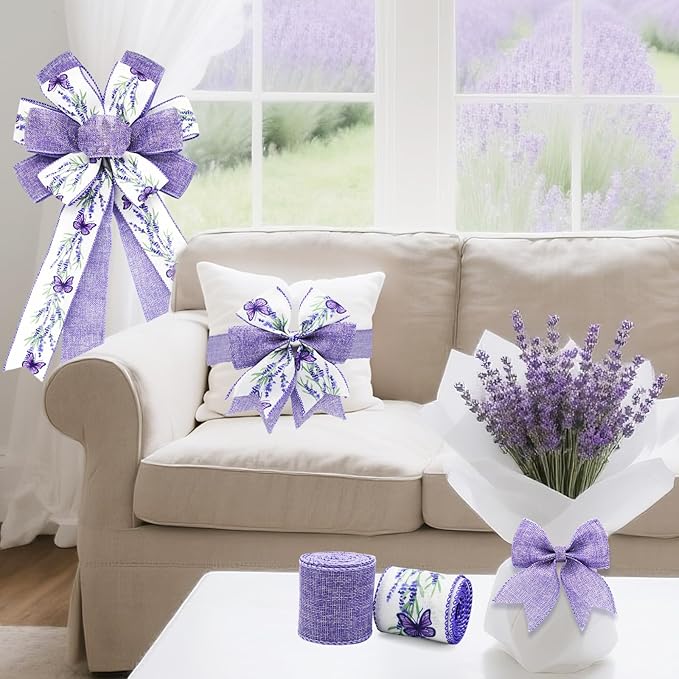 2 Rolls Lavender Wired Edge Ribbon - 2.5 Inch, 5 Yards Each, Spring Summer Lavender Grosgrain with Wired Edge for Wedding Decor, Gift Wrapping & DIY Crafts, Mother's Day Gift
