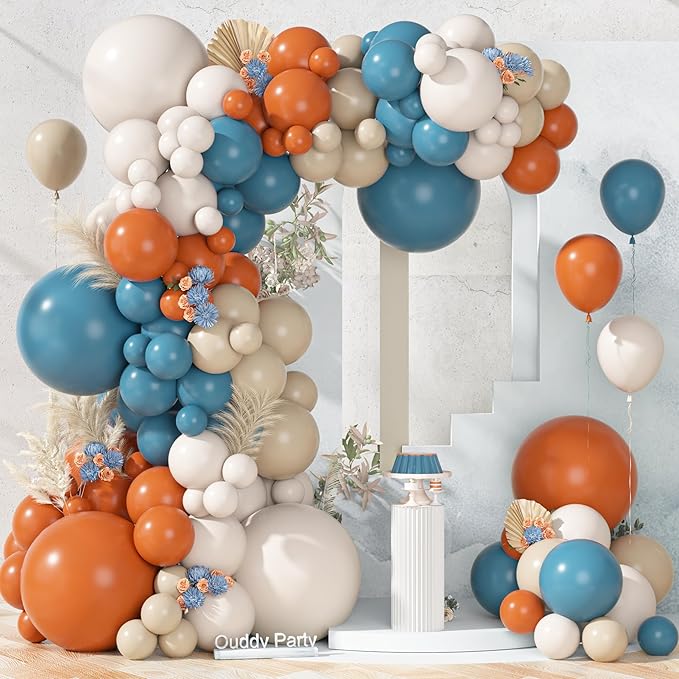 Ouddy Party 149Pcs Dusty Blue Burnt Orange Balloon Arch Garland Kit Different Sizes 18 12 10 5Inch, 6Pcs 18” Thanksgiving Sand Dark Teal Balloons for Wedding Birthday Party Decorations