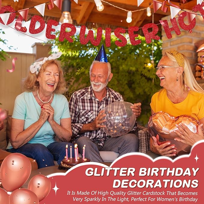 Fulmoon Set of 3 Pre Strung Older Wiser Hotter Glitter Banner Funny Birthday Banner for Women 30th 40th 50th 60th 70th 80th Birthday Party Decorations Sign Gift(Red)