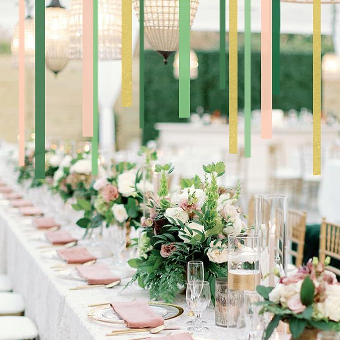 8 Rolls Crepe Paper Streamers, Green, Gold and Peach Pink Streamers Party Decorations for Wedding Bridal Shower Baby Shower Birthday Christmas Party