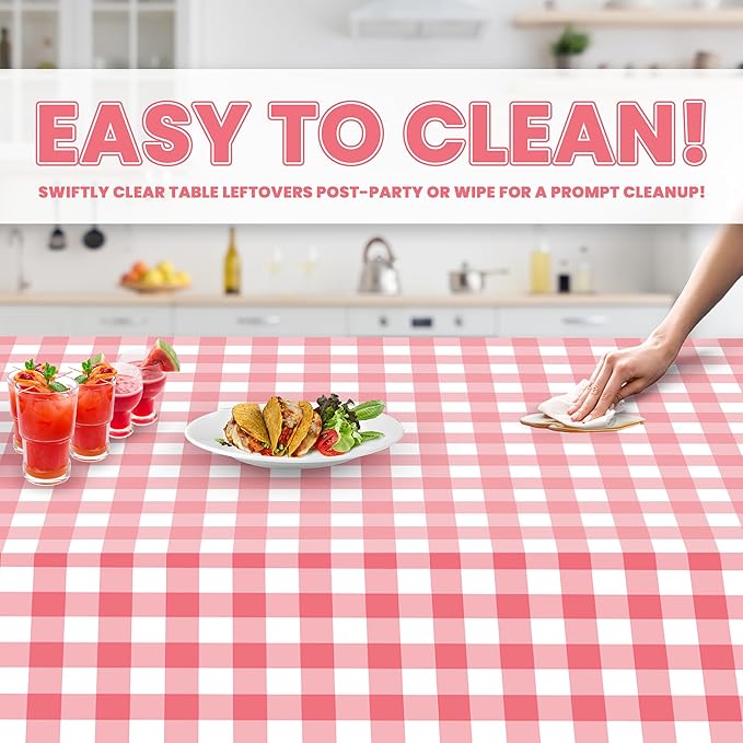 Grandipity Pink Gingham Checkered Plastic Table Cloth Disposable (6 Pk) 54in x 108in Plastic Tablecloths for Rectangle Tables - Premium Party Table Cloths Disposable for 6ft to 8ft Rectangle Tables