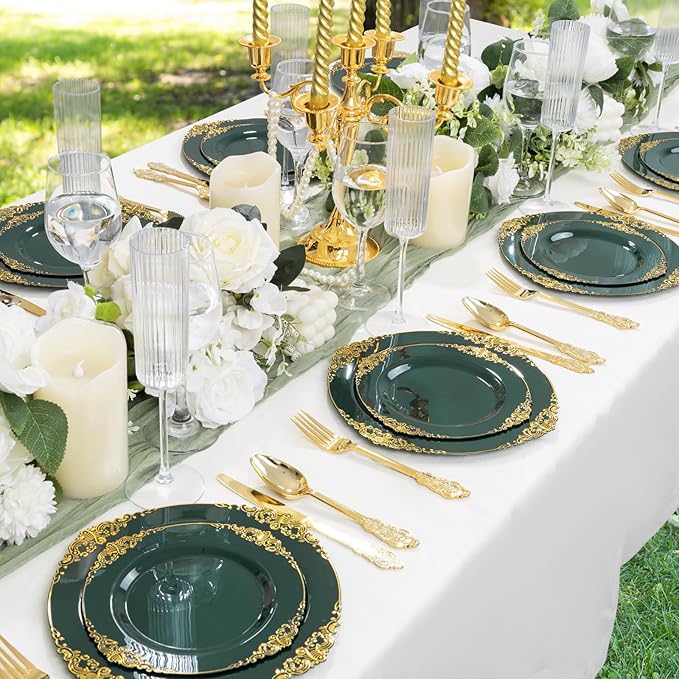 125PCS Green Plastic Plates - Green and Gold Disposable Plates - Fancy Vintage Plate with Gold Plastic Silverware Set for 25 Guests for Party Wedding Spring