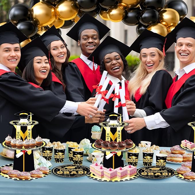 Graduation Cupcake Stand for 25 Cupcakes, Class of 2026 Congrats Dessert Collapsible 3 Tier Holder for Grad Party Black and Gold, Disposable Cardboard Stand Display Tower Graduation Cap Decorations Supplies for College School