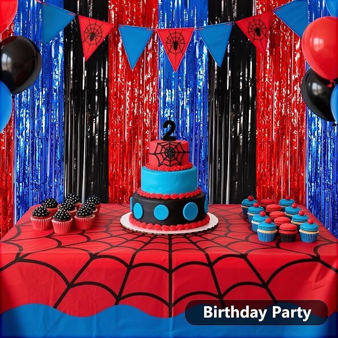 BEISHIDA 3Pcs Red Blue Black Door Streamers Backdrop Foil Fringe Tinsel Curtains Backdrops for Spider Theme Birthday Party Supplies (3.28 ft x 6.56 ft)