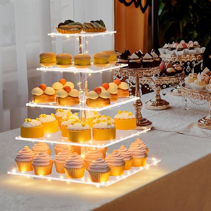 weddingwish 5 Tier Acrylic Cupcake Stand with LED Light, Clear Cupcake Stand for 50 Cupcakes, Cupcake Holder Tower Dessert Table Display Set for Birthday, Baby Shower, Tea Party and Wedding Décor