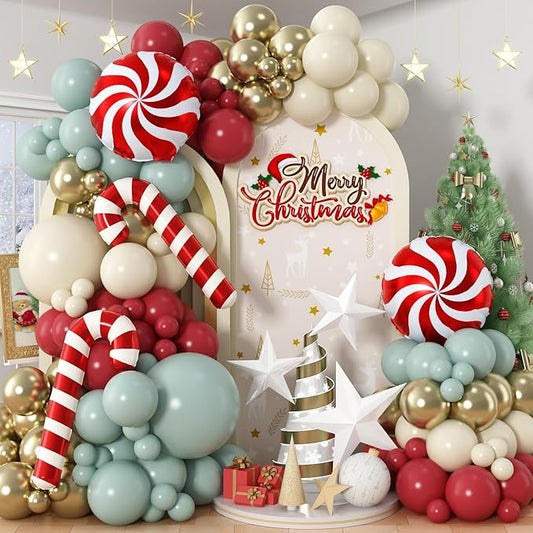 Christmas Balloon Garland Arch Kit, 111PCS Red Green Gold White Balloons with Lollipop Candy Cane Mylar Foil Balloon Arch for Xmas Party Holiday Wedding Birthday New Year Decorations