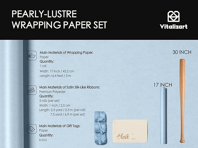 Vitalizart Dusty Blue Wrapping Paper Set 17" Pearly-Lustre With Silk Like Satin Ribbon & Gift Tags Recyclable Christmas Gift Wrapping Birthday Baby Shower Wedding Handmade Crafts 197"(16.4 Ft)