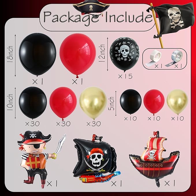 Pirate Birthday Party Decorations, 142Pcs Red Black Metallic Gold Balloon Garland Arch Kit Pirate Ship Foil Mylar Balloon for Halloween Pirate Summer Pool Sea Sailing Adventure Ocean Theme Party