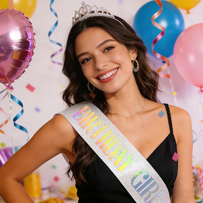 Birthday Sash for Girl, Dazzle Foil Letter Glitter Silver Birthday Sash for Women Girl Kids Teenager Bday Gifts Party Favors Photo Prop