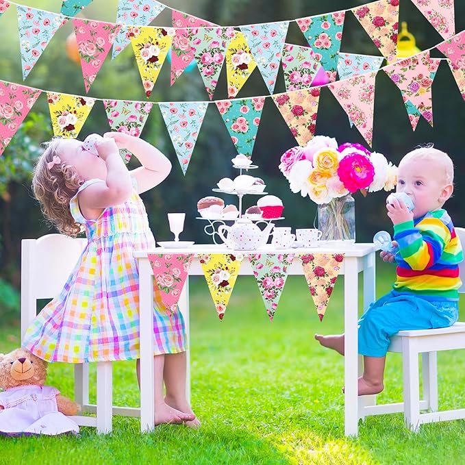 72 Pcs Vintage Floral Paper Bunting Banner Garland Bandana Pennants Outdoor Bunting Banner for Tea Party Decorations Flower Garden Yard Baby Shower Bridal Wedding Party Decorations