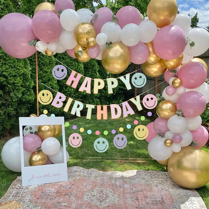 Pre-Strung Happy Birthday Banner, NO DIY Birthday Decorations with Circle Dot Garland and Preppies, Happy Birthday Party Decorations for Women Men Girls Boys (Pastel)
