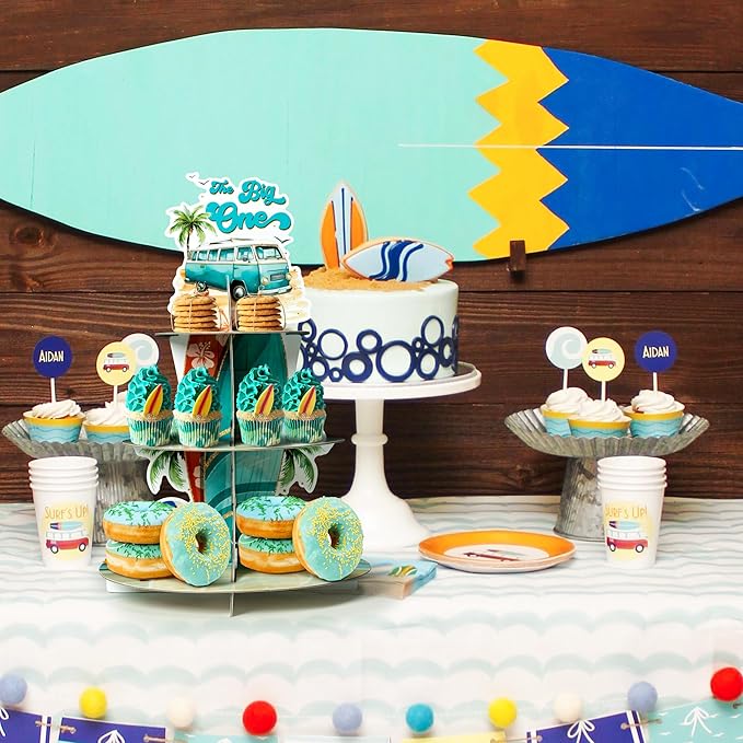Haooryx Beach Surfboard Cupcake Stand - 3 Tier Seaside Surfboards Cupcake Tower Cardboard Dessert Holder Pastry Platter for Summer Beach Pool Party Birthday Baby Shower Party Table Decoration Supplies