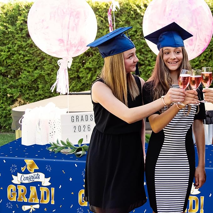 2Pack 2026 Graduation Decorations, 108" X 54" Graduation Tablecloth, Bluegold Disposable Table Cloths for Grad Party Favors Supplies, Rectangle Plastic Tablecover for Class 2026 Congrats Grad for Kids