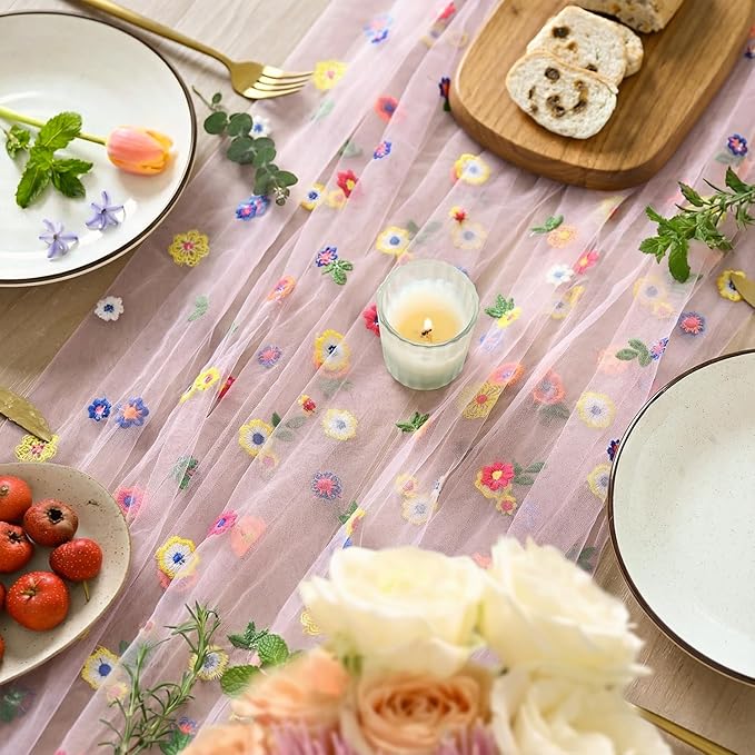 Artoid Mode 3PCS Pink Embroidery Daisy Gauze Table Runner 120 Inch 10FT, Seasonal Sheer Kitchen Dining Holiday Wedding Birthday Table Decor for Home Party