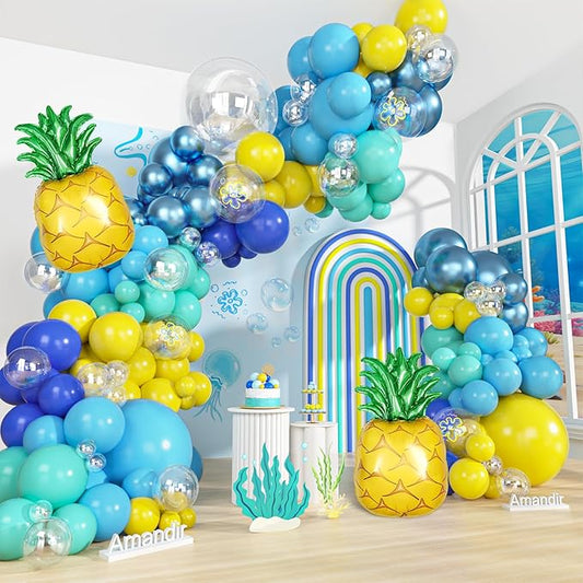 Amandir 165Pcs Cartoon Blue and Yellow Balloons Arch Garland Kit, Teal Metallic Blue Yellow Flower Printed Clear Pineapple Balloons for Cartoon Birthday Shower Ocean Sea Party Backdrop Decorations