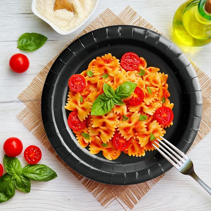 50 Pcs Party Plates, Black Disposable 9 inch Paper Dinner Plates Sets Party Supplies for Birthday Baby Shower Wedding Picnic
