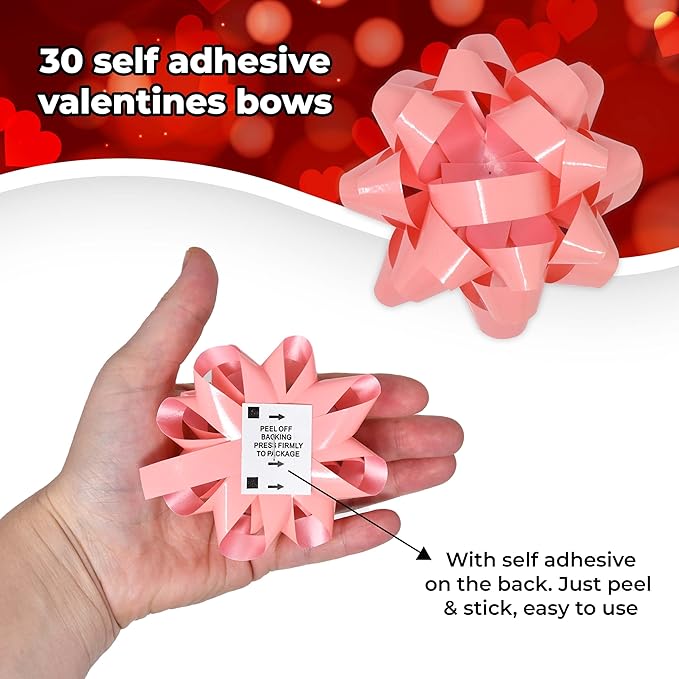 Valentine Gift Wrap Bows and Curling Ribbon Set, Red Pink and White Decorative Self Adhesive Bows with Heart Print Ribbon for Gift Wrapping, Packaging and Valentine’s Day