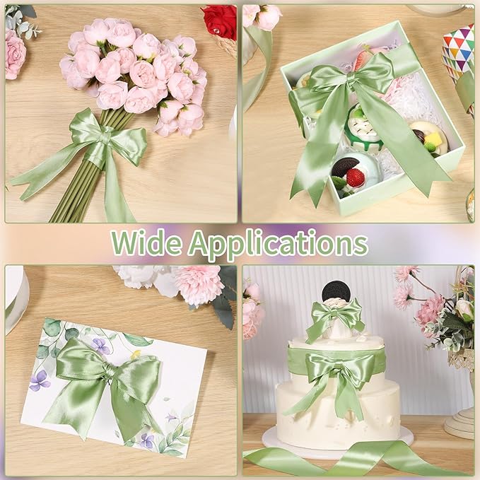 woric Sage Green Ribbon 1 1/2 Inch 60 Yards Light Green Satin Ribbon for Graduation Leis Mothers Day Gift Bags Baskets Wedding Decor Baby Shower DIY Crafts Flower Bouquet