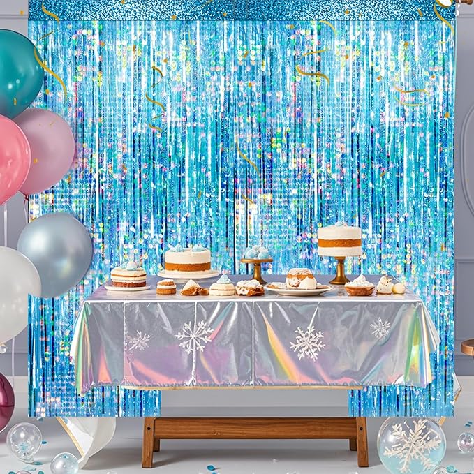 4 Packs Blue Foil Fringe Curtain, Light Blue Glitter Metallic Tinsel Backdrop for Birthday, Wedding, Baby Shower, Bachelorette, Ocean, Princess Party Decorations Supplies