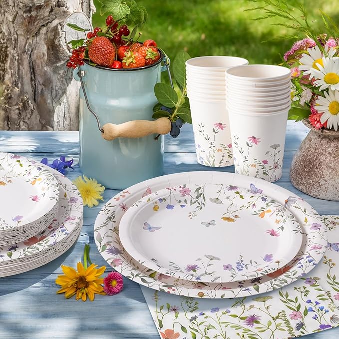 96PCS Wildflower Paper Plates and Napkins, Disposable Floral Plates for Bridal Shower, Garden Party, Wedding, Mother's Day, Spring Party, Baby Shower, Afternoon Tea Party